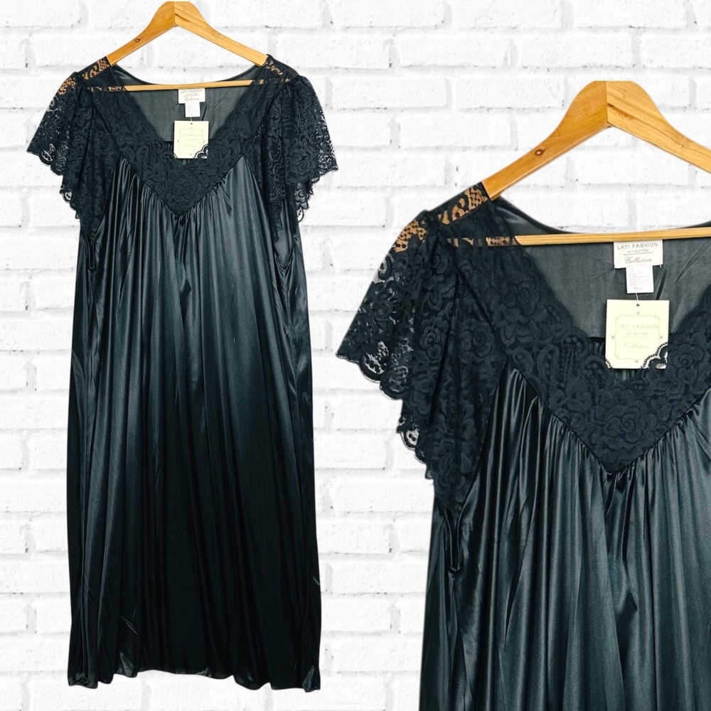 Vintage 90s V Neck Satin Silky Lace Intimate Sleep Nightgown Dress Black 3X